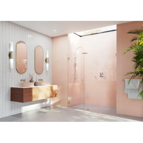 Illume 77.25" x 78" Wall Hinged Fully Frameless Glass Shower Enclosure Satin Brass Illume 77.25" x 78" Wall Hinged Fully Frameless Glass Shower Enclosure Satin Brass