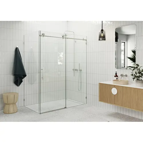 Nova 64" x 40" x 78" Fully Frameless 90 Degree Slider Shower Enclosure Brushed Nickel Nova 64" x 40" x 78" Fully Frameless 90 Degree Slider Shower Enclosure Brushed Nickel
