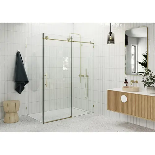 Nova 56" x 40" x 78" Fully Frameless 90 Degree Slider Shower Enclosure Satin Brass Nova 56" x 40" x 78" Fully Frameless 90 Degree Slider Shower Enclosure Satin Brass