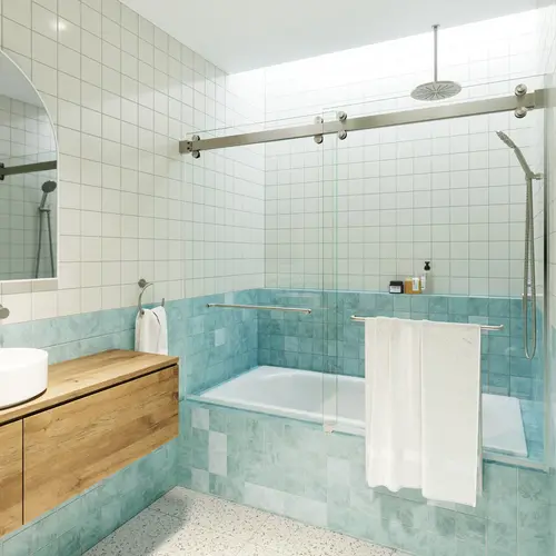 Polaris 60" x 60" Fully Frameless Glass Sliding Bypass Bathtub Doors with Square Hardware Brushed Nickel Polaris 60" x 60" Fully Frameless Glass Sliding Bypass Bathtub Doors with Square Hardware Brushed Nickel