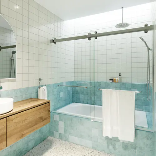 Polaris 60" x 60" Fully Frameless Glass Sliding Bypass Bathtub Doors with Square Hardware Chrome Polaris 60" x 60" Fully Frameless Glass Sliding Bypass Bathtub Doors with Square Hardware Chrome