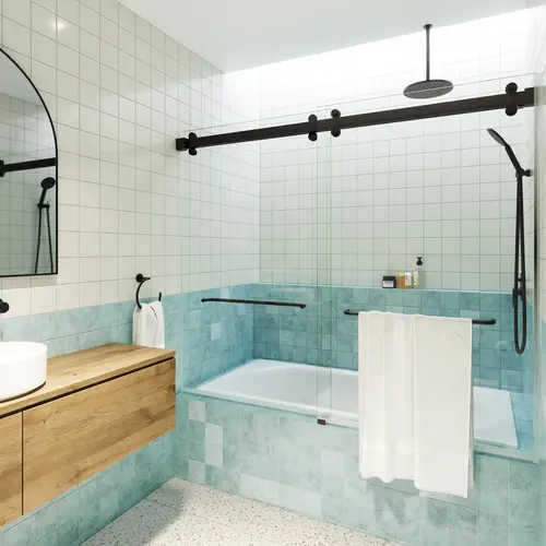 Polaris 60" x 60" Fully Frameless Glass Sliding Bypass Bathtub Doors with Square Hardware Matte Black Polaris 60" x 60" Fully Frameless Glass Sliding Bypass Bathtub Doors with Square Hardware Matte Black