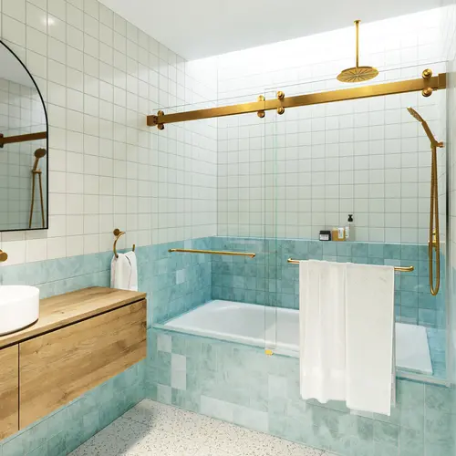 Polaris 60" x 60" Fully Frameless Glass Sliding Bypass Bathtub Doors with Square Hardware Satin Brass Polaris 60" x 60" Fully Frameless Glass Sliding Bypass Bathtub Doors with Square Hardware Satin Brass