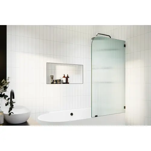 Aurora 58.25" x 30" Frameless Bath Shower Door Single Fixed Panel Fluted Frosted Radius Right Hand Matte Black Aurora 58.25" x 30" Frameless Bath Shower Door Single Fixed Panel Fluted Frosted Radius Right Hand Matte Black