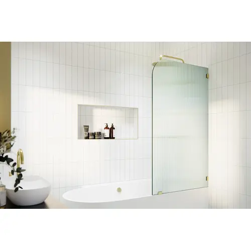 Aurora 58.25" x 34" Frameless Bath Shower Door Single Fixed Panel Fluted Frosted Radius Right Hand Polished Brass Aurora 58.25" x 34" Frameless Bath Shower Door Single Fixed Panel Fluted Frosted Radius Right Hand Polished Brass