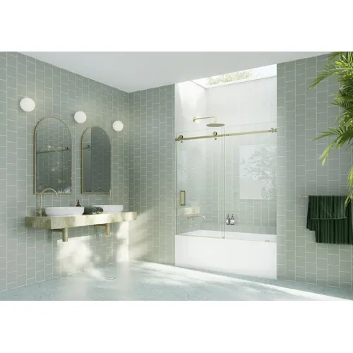 Astro 68" to 72" x 60" Frameless Bath Tub Sliding Shower Door with Square Hardware in Satin Brass finish Astro 68" to 72" x 60" Frameless Bath Tub Sliding Shower Door with Square Hardware in Satin Brass finish