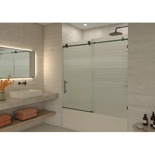 Galaxy 60" x 60" Fully Frameless Fluted Glass Sliding Bathtub Doors Matte Black Galaxy 60" x 60" Fully Frameless Fluted Glass Sliding Bathtub Doors Matte Black