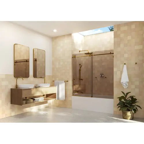 Equinox 60" x 60" Fully Frameless Glass Bath Slider with Bronze Tint Satin Brass Equinox 60" x 60" Fully Frameless Glass Bath Slider with Bronze Tint Satin Brass