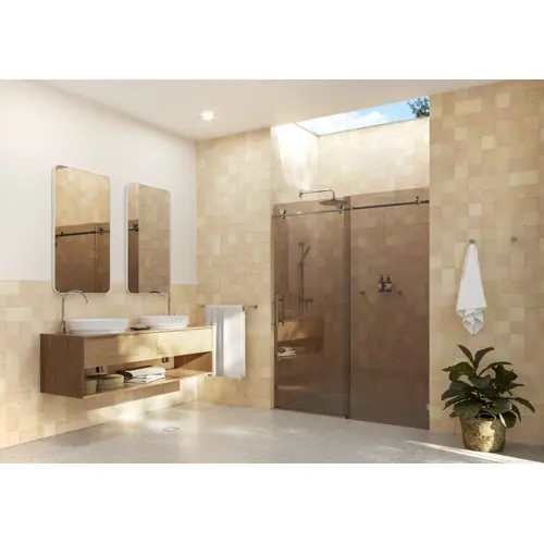 Equinox 56" to 60" W x 78" H Fully Frameless Glass Sliding Shower Doors with Bronze Tint Chrome Equinox 56" to 60" W x 78" H Fully Frameless Glass Sliding Shower Doors with Bronze Tint Chrome