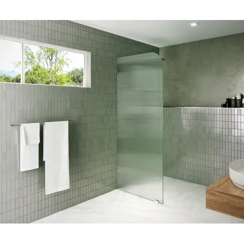 Aurora 30" x 78" Fully Frameless Glass Shower Panel Single Fixed Panel Fluted Frosted Radius Left Hand Chrome Aurora 30" x 78" Fully Frameless Glass Shower Panel Single Fixed Panel Fluted Frosted Radius Left Hand Chrome