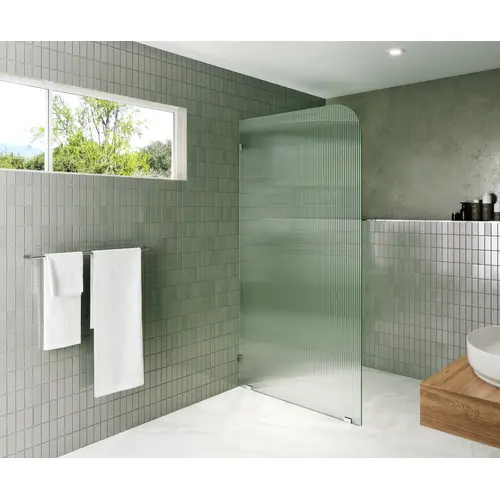 Aurora 40" x 78" Fully Frameless Glass Shower Panel Single Fixed Panel Fluted Frosted Radius Left Hand Chrome Aurora 40" x 78" Fully Frameless Glass Shower Panel Single Fixed Panel Fluted Frosted Radius Left Hand Chrome