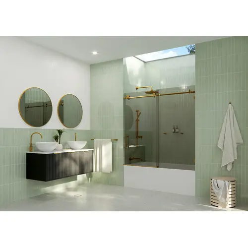 Equinox 60" x 60" Fully Frameless Glass Bath Slider with Gray Tint Satin Brass Equinox 60" x 60" Fully Frameless Glass Bath Slider with Gray Tint Satin Brass