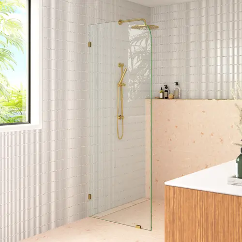 Solaris 30" x 78" Fully Frameless Glass Shower Panel Single Fixed Panel Radius Polished Brass Solaris 30" x 78" Fully Frameless Glass Shower Panel Single Fixed Panel Radius Polished Brass