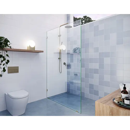Vela 48" x 78" Fully Frameless Glass Shower Panel Single Fixed Panel Satin Brass Vela 48" x 78" Fully Frameless Glass Shower Panel Single Fixed Panel Satin Brass