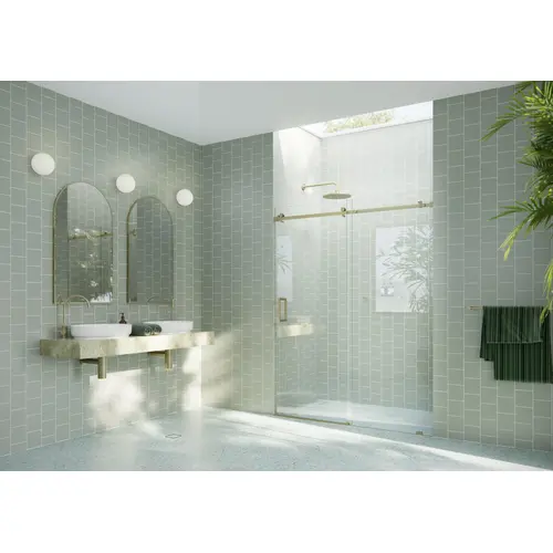 Astro 60" x 78" Fully Frameless Glass Sliding Shower Doors with Square Hardware Satin Brass Astro 60" x 78" Fully Frameless Glass Sliding Shower Doors with Square Hardware Satin Brass