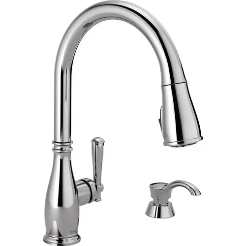 Charmaine Single Handle, High Arc Kitchen Faucet, Pull-Down Spray, ShieldSpray Technology, Soap Dispenser, Chrome Charmaine Single Handle, High Arc Kitchen Faucet, Pull-Down Spray, ShieldSpray Technology, Soap Dispenser, Chrome