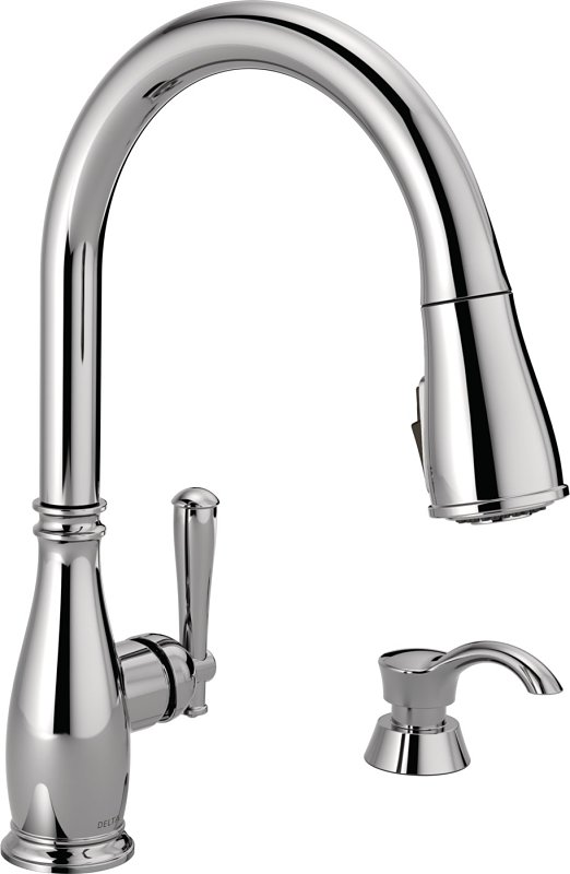 Delta Faucet 19962Z-SD-DST Charmaine Single Handle, High Arc Kitchen Faucet, Pull-Down Spray, ShieldSpray Technology, Soap Dispenser, Chrome
