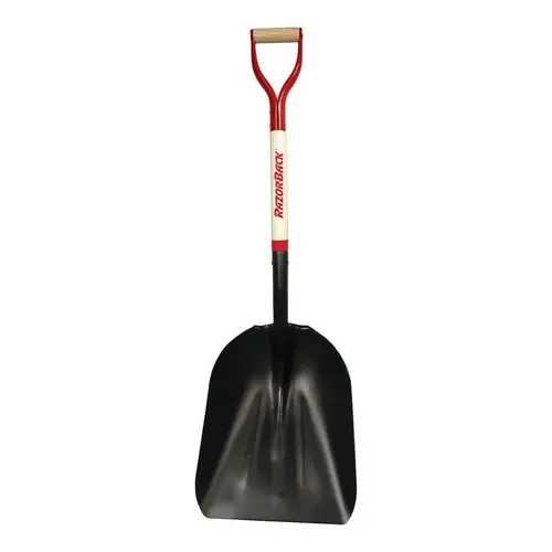 Scoop Shovel, 14-1/4 in W Blade, 19 in L Blade, Steel Blade, Hardwood Handle, D-Shaped Handle Red Scoop Shovel, 14-1/4 in W Blade, 19 in L Blade, Steel Blade, Hardwood Handle, D-Shaped Handle Red