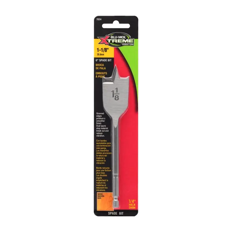 Blu-Mol Xtreme Spade Bit 1-1/8 X 6 L Carbon Steel Hex Shank Bright E0217024 Blu-Mol Xtreme Spade Bit 1-1/8 X 6 L Carbon Steel Hex Shank Bright E0217024