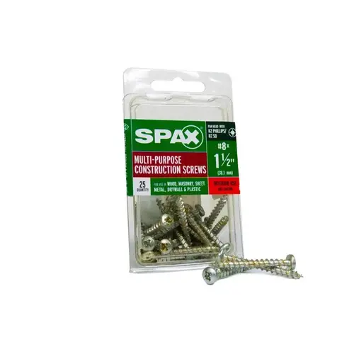 Construction Screws Multi-Material No. 8" X 1-1/2" L Phillips/Square Pan Head Zinc-Plated Construction Screws Multi-Material No. 8" X 1-1/2" L Phillips/Square Pan Head Zinc-Plated