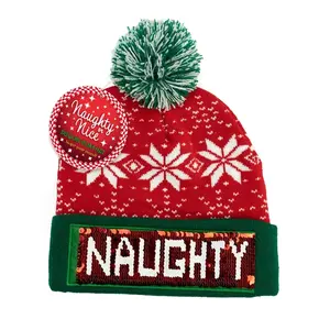 DM Merchandising XNNHT12-XCP12 Hat Winter Naughty or Nice Santa Sequin Pom Green/Red One Size Fits Most Green/Red - pack of 12
