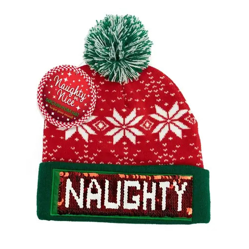 Hat Winter Naughty or Nice Santa Sequin Pom Green/Red One Size Fits Most Green/Red - pack of 12