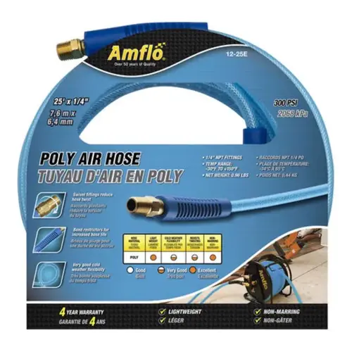 Air Hose, 1/4 in ID, 25 ft L, MNPT, 300 psi Pressure, Polyurethane, Blue