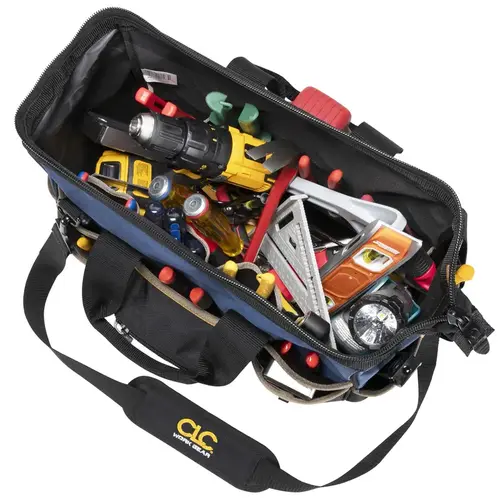 Tool Works Tote Tool Bag, 16 in W, 8 in D, 12 in H, 23-Pocket, Polyester, Black/Blue Tool Works Tote Tool Bag, 16 in W, 8 in D, 12 in H, 23-Pocket, Polyester, Black/Blue