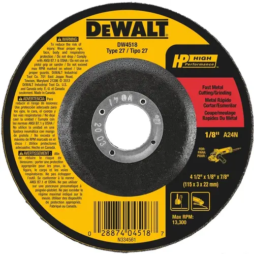 Grinding Wheel, 4-1/2 in Dia, 1/8 in Thick, 7/8 in Arbor, 24 Grit, Very Coarse Grinding Wheel, 4-1/2 in Dia, 1/8 in Thick, 7/8 in Arbor, 24 Grit, Very Coarse