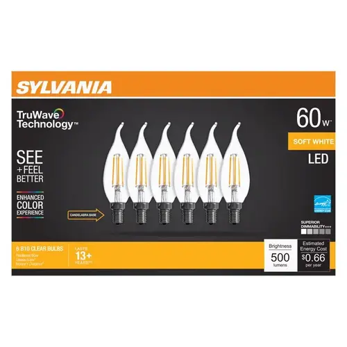 TruWave Series LED Bulb B10 Lamp, B10 Lamp, 60 W Equivalent, E12 Candelabra Lamp Base, Dimmable, Clear - pack of 6 TruWave Series LED Bulb B10 Lamp, B10 Lamp, 60 W Equivalent, E12 Candelabra Lamp Base, Dimmable, Clear - pack of 6
