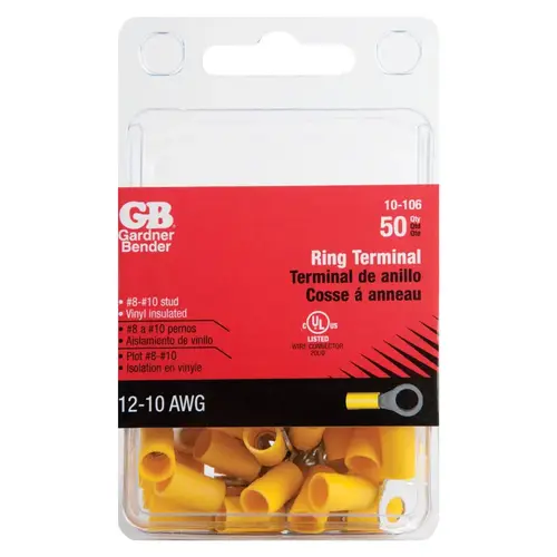 Ring Terminal, 600 V, 12 to 10 AWG Wire, #8 to 10 Stud, Vinyl Insulation, Copper Contact, Yellow - pack of 50 Ring Terminal, 600 V, 12 to 10 AWG Wire, #8 to 10 Stud, Vinyl Insulation, Copper Contact, Yellow - pack of 50