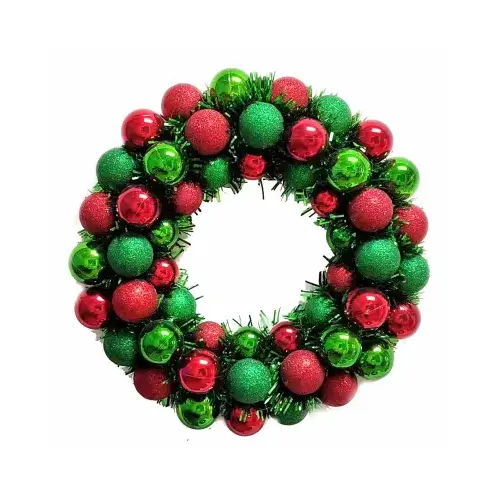 16" Red & Green Glitter Ball Wreath with green tinsel