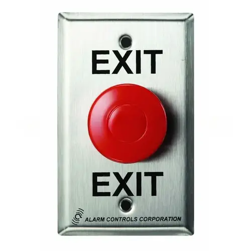1-1/2" Red Exit Mushroom Button Satin Stainless Steel Finish 1-1/2" Red Exit Mushroom Button Satin Stainless Steel Finish
