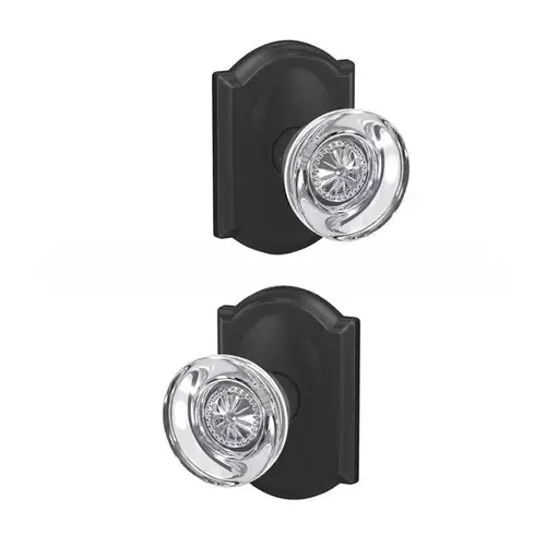 Hobson Knob with Camelot Rose Passage and Privacy Lock with 16600 Latch and 10027 Strike Matte Black Finish Hobson Knob with Camelot Rose Passage and Privacy Lock with 16600 Latch and 10027 Strike Matte Black Finish