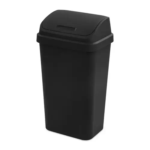 Wastebasket, 13 gal Capacity, Plastic, Black, Swing-Top Lid Closure Wastebasket, 13 gal Capacity, Plastic, Black, Swing-Top Lid Closure