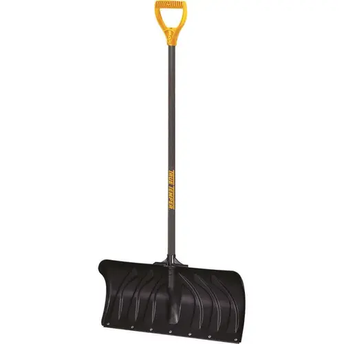 Snow Pusher, 24-1/2 in W Blade, Polyethylene Blade, Steel Handle, D-Shaped Handle, 38.3 in L Handle Black/Gray/Yellow