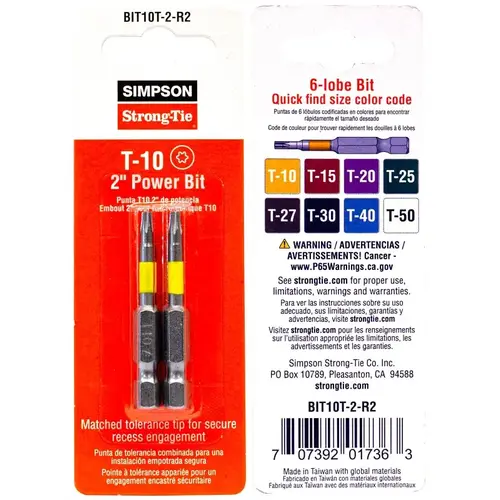 Driver Bit, T10 6-Lobe Drive, 2 in L Yellow - pack of 2