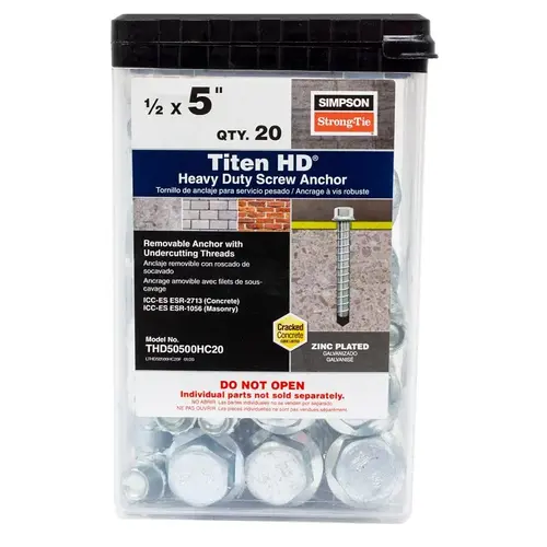 Titen HD Heavy-Duty Screw Anchor, 1/2 in Dia, 5 in L, Carbon Steel, Zinc Plated Silver - pack of 20 Titen HD Heavy-Duty Screw Anchor, 1/2 in Dia, 5 in L, Carbon Steel, Zinc Plated Silver - pack of 20