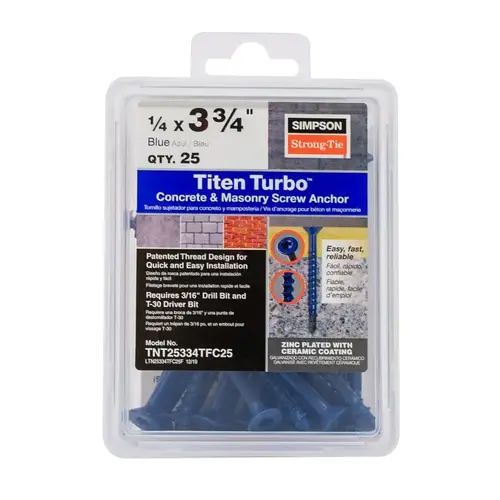 Titen Turbo Screw Anchor, 1/4 in Dia, 3-3/4 in L, Carbon Steel, Ceramic-Coated/Zinc Standard Blue - pack of 25 Titen Turbo Screw Anchor, 1/4 in Dia, 3-3/4 in L, Carbon Steel, Ceramic-Coated/Zinc Standard Blue - pack of 25