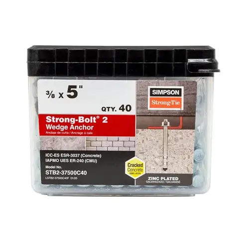 Strong-Bolt 2 Wedge Anchor, 3/8 in Dia, 5 in L, Carbon Steel, Zinc Plated Silver - pack of 40 Strong-Bolt 2 Wedge Anchor, 3/8 in Dia, 5 in L, Carbon Steel, Zinc Plated Silver - pack of 40