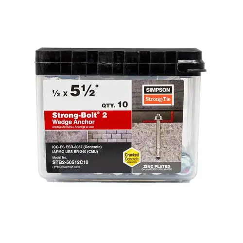 Strong-Bolt 2 Wedge Anchor, 1/2 in Dia, 5-1/2 in L, Carbon Steel, Zinc Plated Silver - pack of 10 Strong-Bolt 2 Wedge Anchor, 1/2 in Dia, 5-1/2 in L, Carbon Steel, Zinc Plated Silver - pack of 10