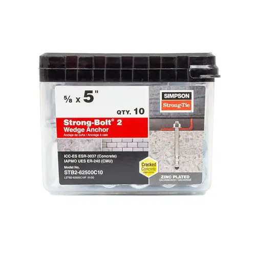 Strong-Bolt 2 Wedge Anchor, 5/8 in Dia, 5 in L, Carbon Steel, Zinc Plated Silver - pack of 10 Strong-Bolt 2 Wedge Anchor, 5/8 in Dia, 5 in L, Carbon Steel, Zinc Plated Silver - pack of 10