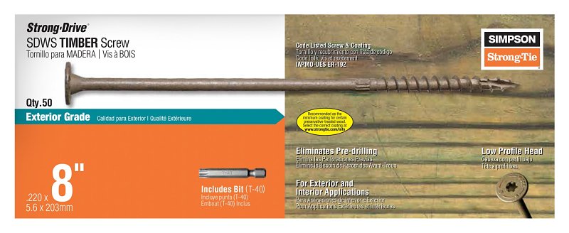 SIMPSON STRONG-TIE CO SDWS22800DB-R50 Structural Screws Strong-Drive No. 5 Sizes X 8" L Star Low Profile Head 4.6 lb Double-Barrier Coating