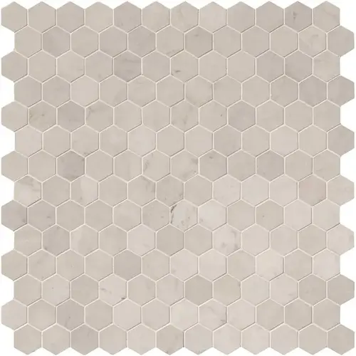 Carrara White Hexagon 12 in. x 12 in. x 10 mm Polished Marble Mesh-Mounted Mosaic Floor and Wall Tile (10 sq. ft. /case) Carrara White Hexagon 12 in. x 12 in. x 10 mm Polished Marble Mesh-Mounted Mosaic Floor and Wall Tile (10 sq. ft. /case)