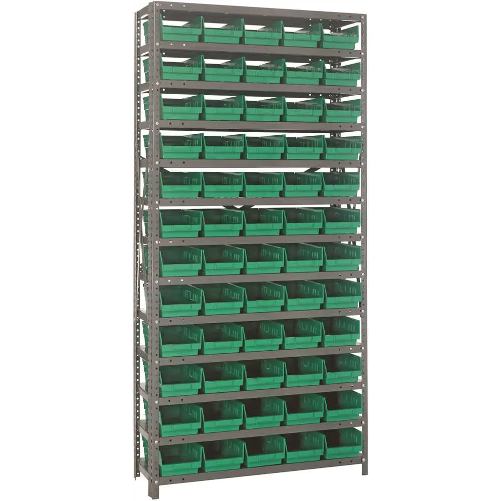 QUANTUM STORAGE SYSTEMS 1275-102 400 lb Green Gray Steel Double Sided Fixed Rack - 36 Overall Length - 75 Height - 60 Bins - Bins Include 1275-102GN QUANTUM STORAGE SYSTEMS 1275-102 400 lb Green Gray Steel Double Sided Fixed Rack - 36 Overall Length - 75 Height - 60 Bins - Bins Include 1275-102GN