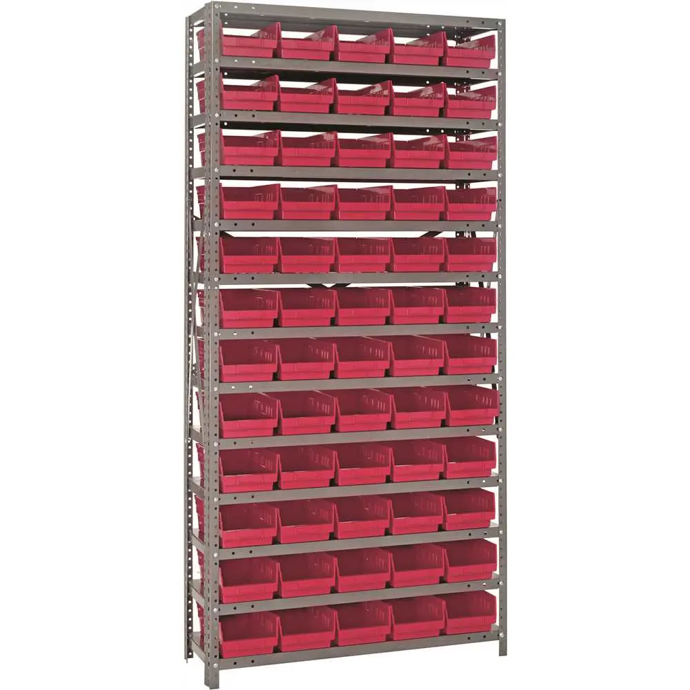 QUANTUM STORAGE SYSTEMS 1275-102 400 lb Red Gray Steel Double Sided Fixed Rack - 36 Overall Length - 75 Height - 60 Bins - Bins Included 1275-102RD QUANTUM STORAGE SYSTEMS 1275-102 400 lb Red Gray Steel Double Sided Fixed Rack - 36 Overall Length - 75 Height - 60 Bins - Bins Included 1275-102RD