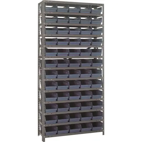 1275-102 400 lb Blue Gray Steel Double Sided Fixed Rack - 36" Overall Length - 75" Height - 60 Bins - Bins Included 1275-102 400 lb Blue Gray Steel Double Sided Fixed Rack - 36" Overall Length - 75" Height - 60 Bins - Bins Included