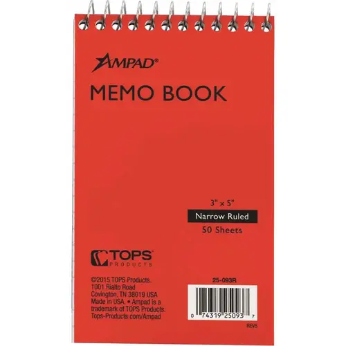 3 in. x 5 in. Wirebound Pocket Memo Book Narrow Rule, White (50 Sheets per Pad) 3 in. x 5 in. Wirebound Pocket Memo Book Narrow Rule, White (50 Sheets per Pad)