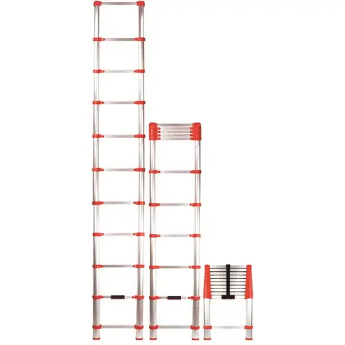 Home Series 760P Telescoping Ladder, 14-1/2 ft Max Reach H, 11-Step, 250 lb, 1-1/2 in D Step, Aluminum Red/Silver