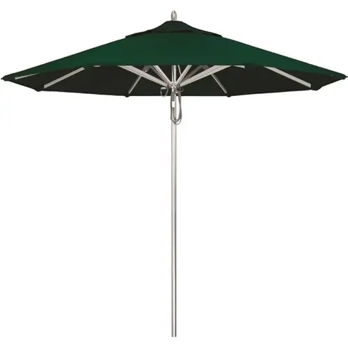 9 ft. Silver Aluminum Commercial Market Patio Umbrella with Pulley Lift in Forest Green Sunbrella